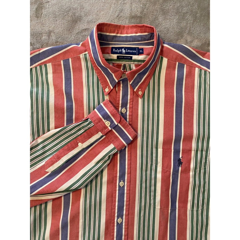 Ralph Lauren Button Down XL Red Multi Stripe Cotton Long Sleeve 90s Retro Dad
